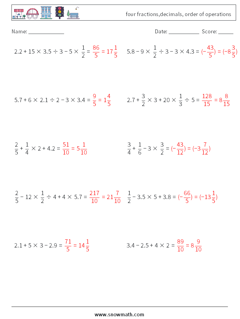 four fractions,decimals, order of operations Maths Worksheets 11 Question, Answer