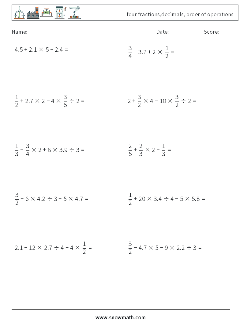 four fractions,decimals, order of operations Maths Worksheets 12