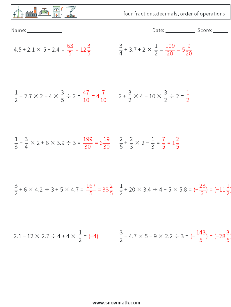 four fractions,decimals, order of operations Maths Worksheets 12 Question, Answer