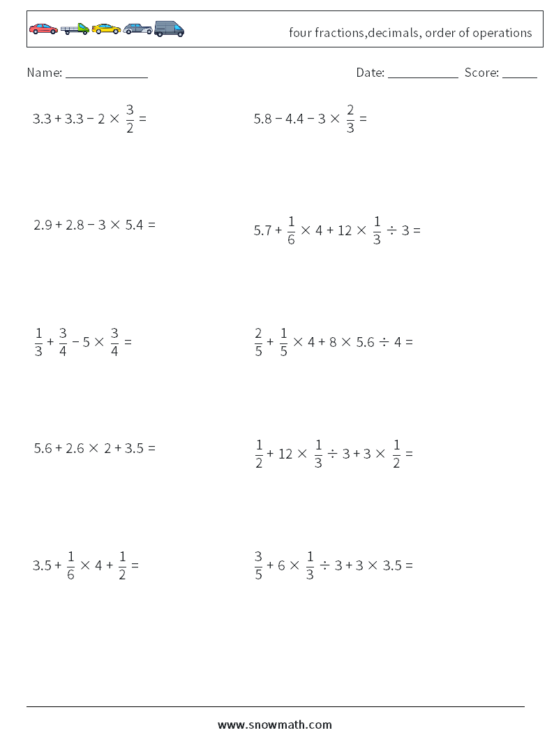 four fractions,decimals, order of operations Maths Worksheets 13