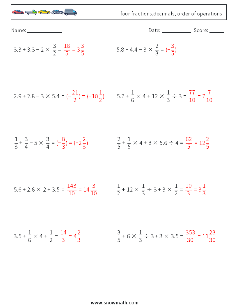 four fractions,decimals, order of operations Maths Worksheets 13 Question, Answer