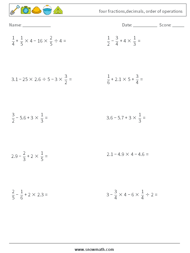 four fractions,decimals, order of operations Maths Worksheets 14