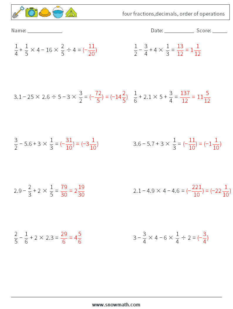 four fractions,decimals, order of operations Maths Worksheets 14 Question, Answer