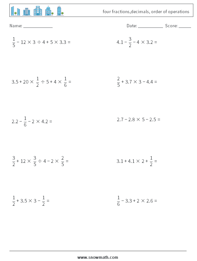 four fractions,decimals, order of operations Maths Worksheets 15