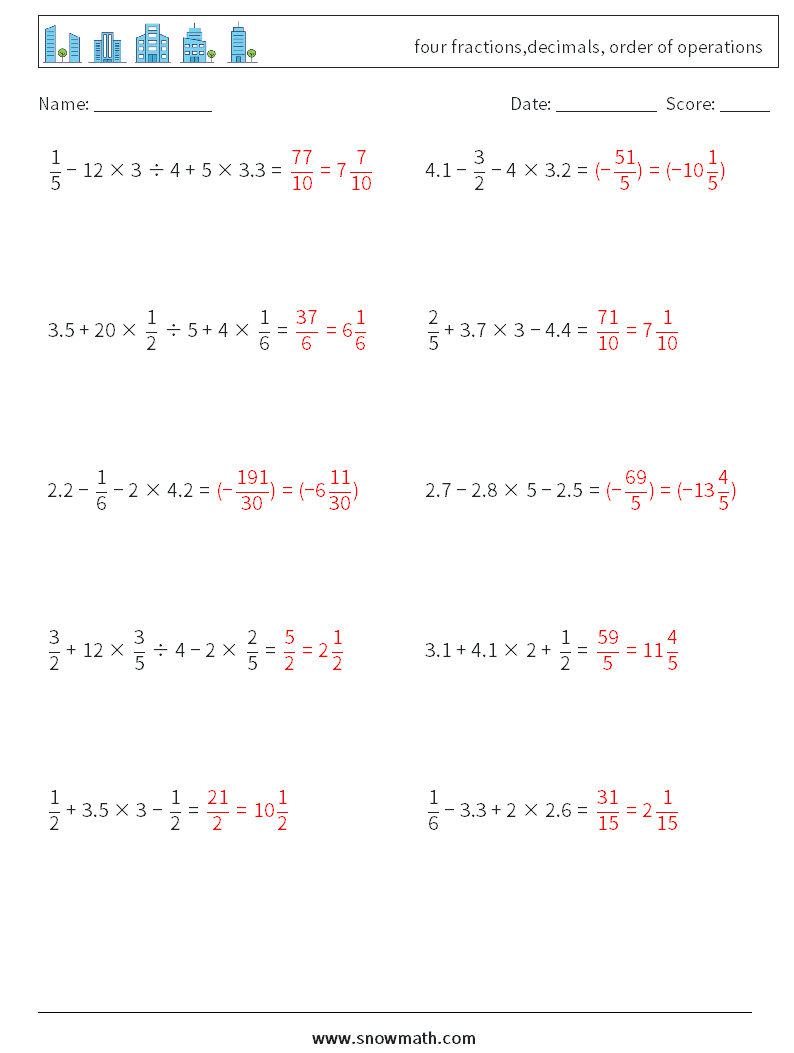 four fractions,decimals, order of operations Maths Worksheets 15 Question, Answer