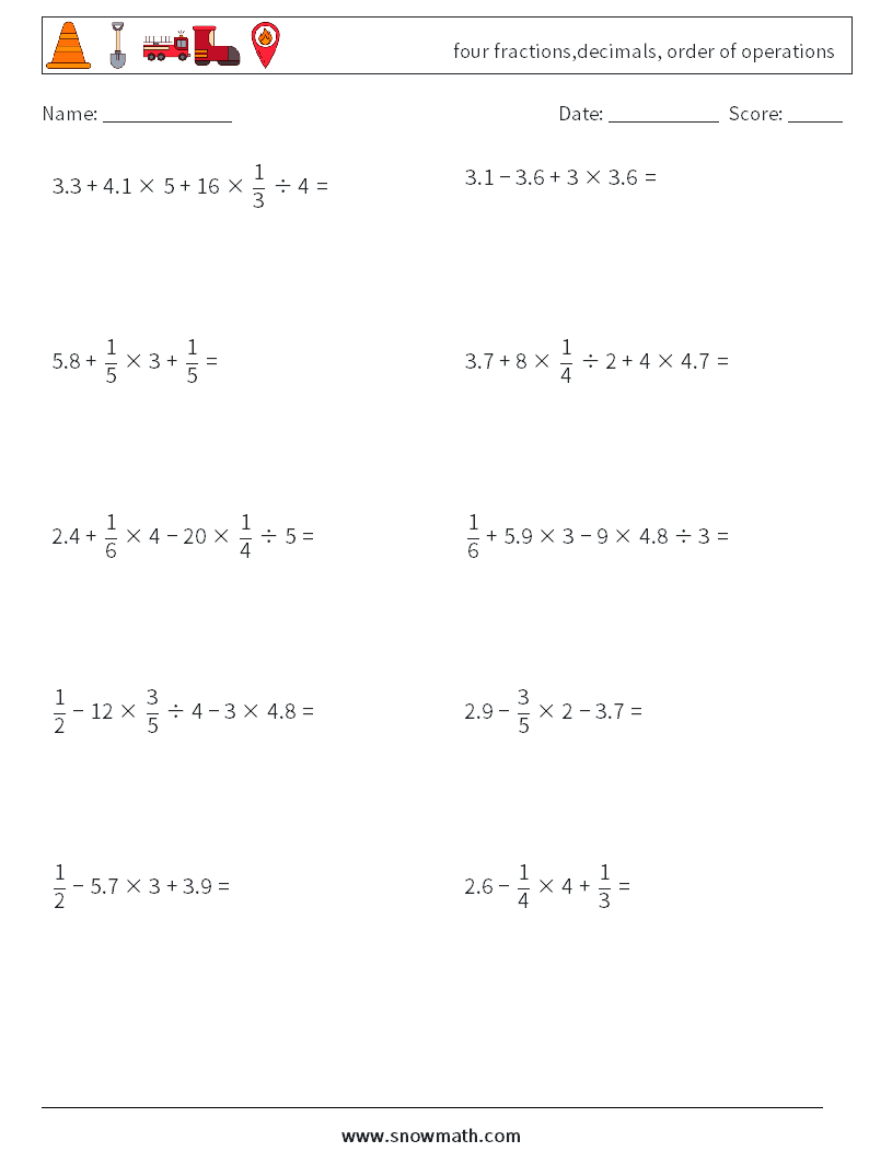 four fractions,decimals, order of operations Maths Worksheets 16