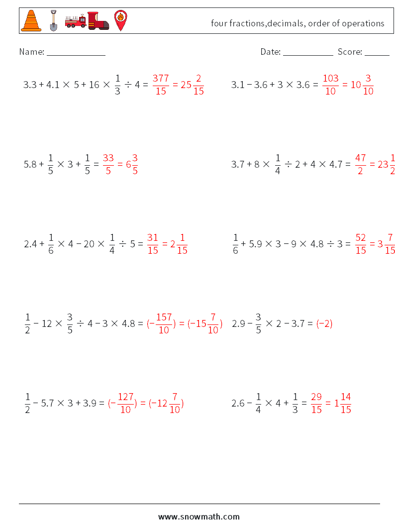 four fractions,decimals, order of operations Maths Worksheets 16 Question, Answer