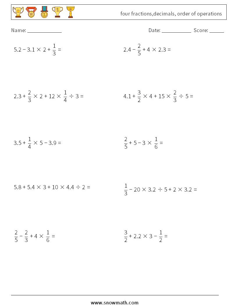 four fractions,decimals, order of operations Maths Worksheets 17