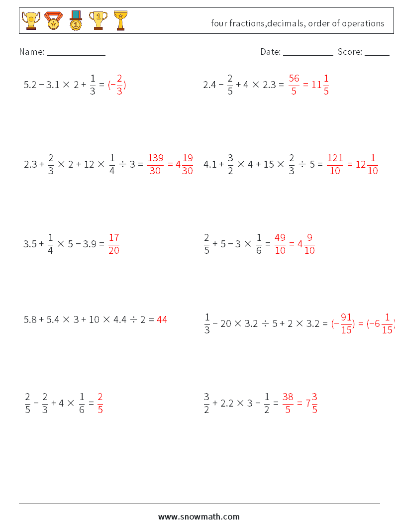 four fractions,decimals, order of operations Maths Worksheets 17 Question, Answer