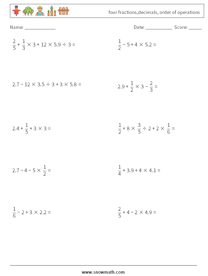 four fractions,decimals, order of operations Maths Worksheets 18