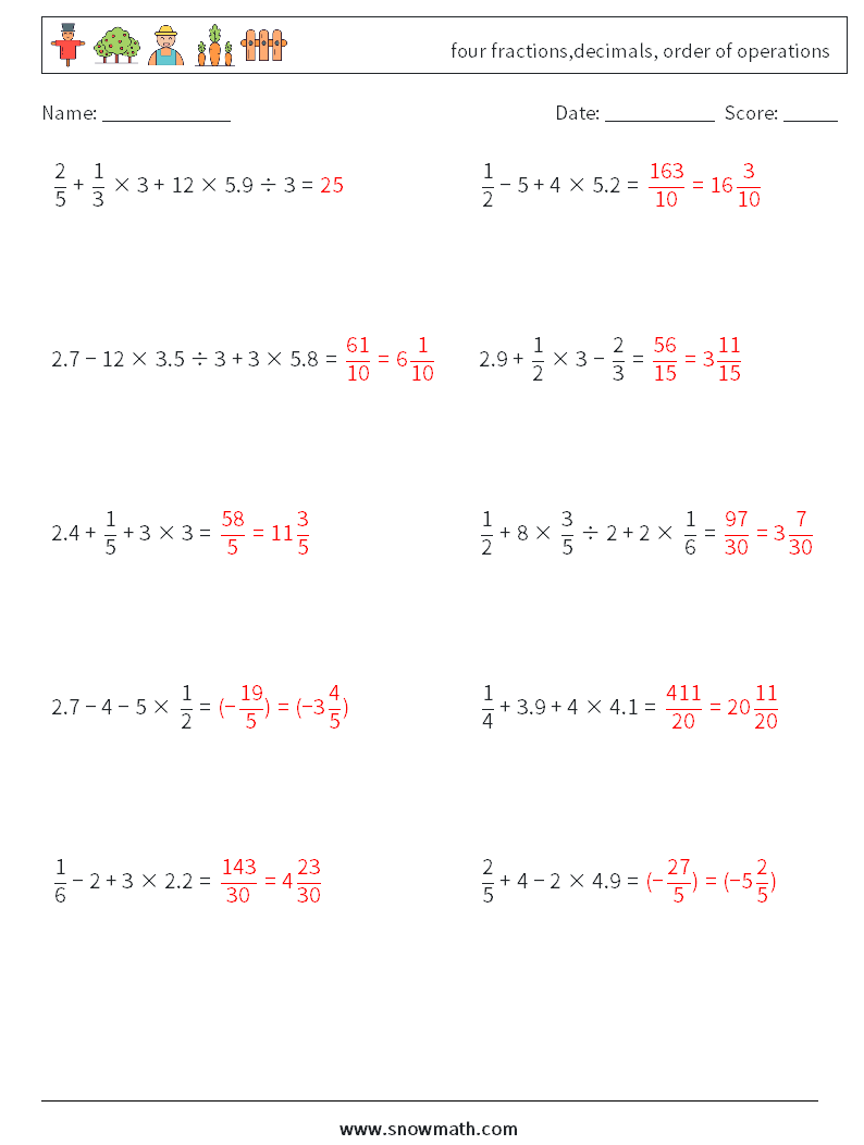 four fractions,decimals, order of operations Maths Worksheets 18 Question, Answer