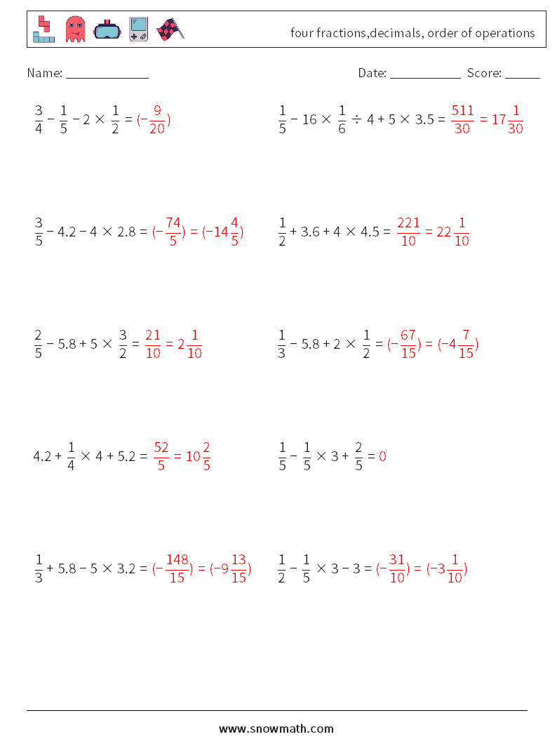 four fractions,decimals, order of operations Maths Worksheets 1 Question, Answer