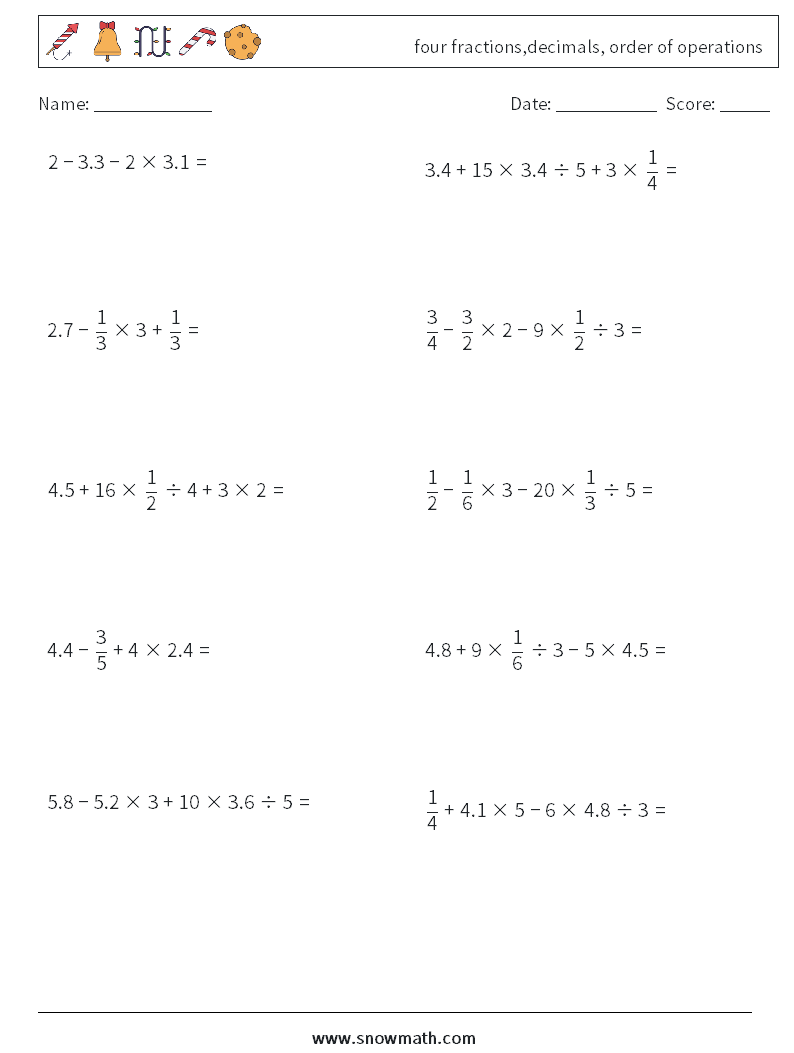 four fractions,decimals, order of operations Maths Worksheets 2