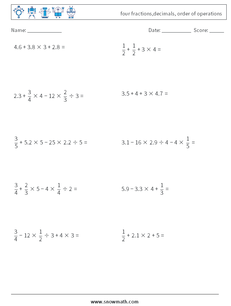 four fractions,decimals, order of operations Maths Worksheets 3