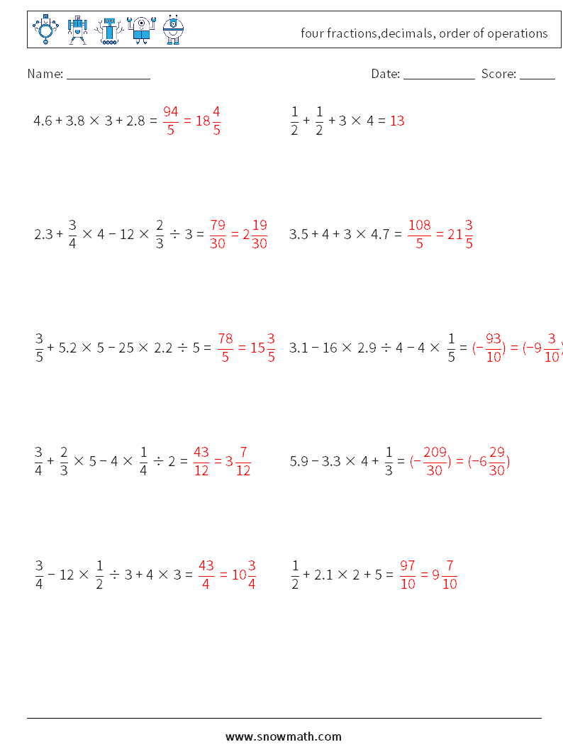 four fractions,decimals, order of operations Maths Worksheets 3 Question, Answer