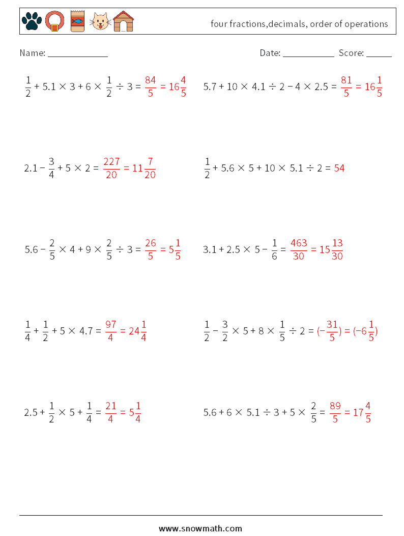 four fractions,decimals, order of operations Maths Worksheets 4 Question, Answer