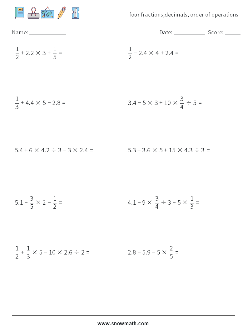 four fractions,decimals, order of operations Maths Worksheets 5