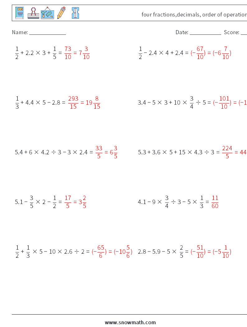 four fractions,decimals, order of operations Maths Worksheets 5 Question, Answer