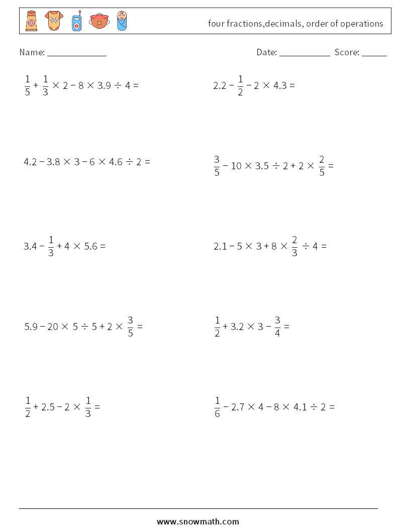 four fractions,decimals, order of operations Maths Worksheets 6
