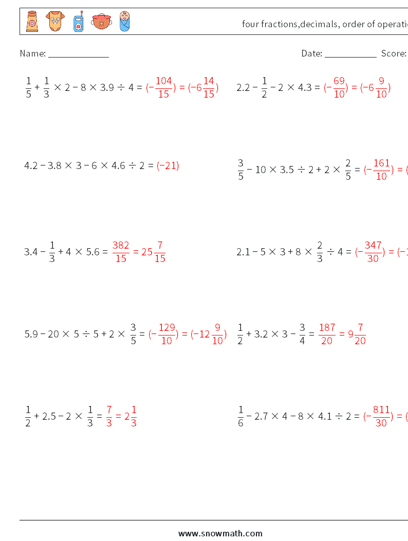 four fractions,decimals, order of operations Maths Worksheets 6 Question, Answer