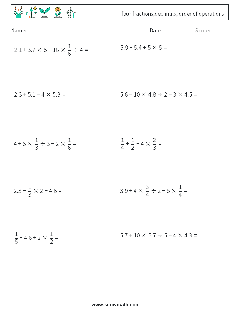 four fractions,decimals, order of operations Maths Worksheets 7