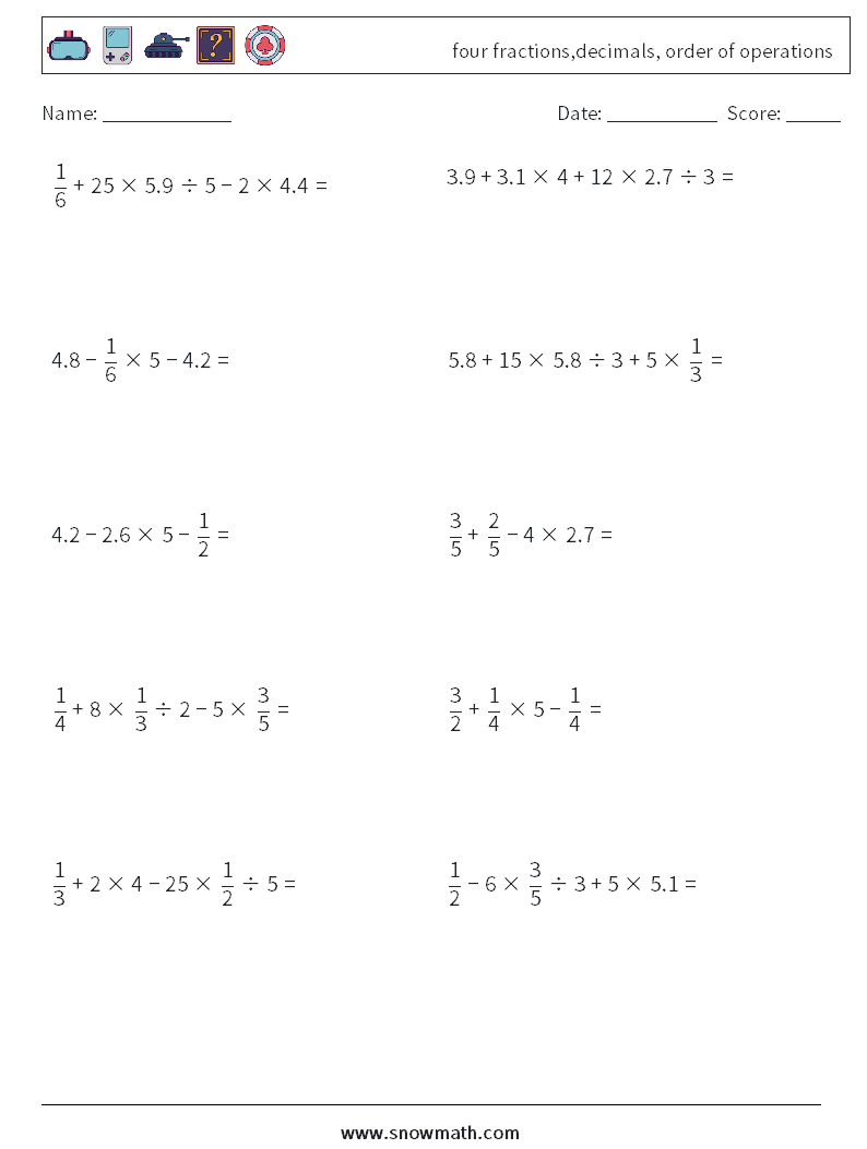 four fractions,decimals, order of operations Maths Worksheets 8
