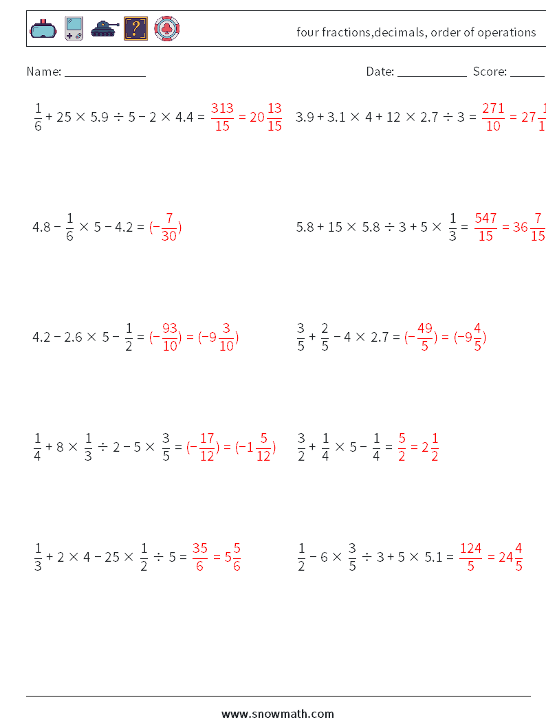 four fractions,decimals, order of operations Maths Worksheets 8 Question, Answer