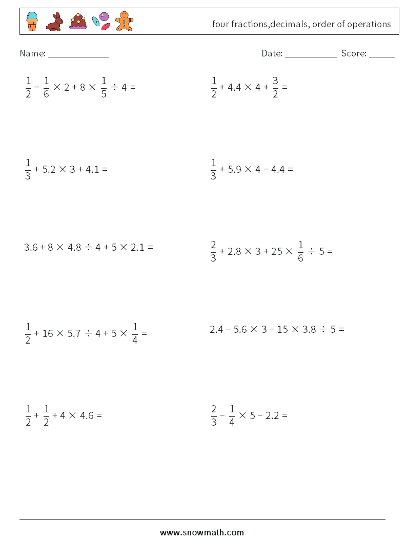 four fractions,decimals, order of operations Maths Worksheets 9