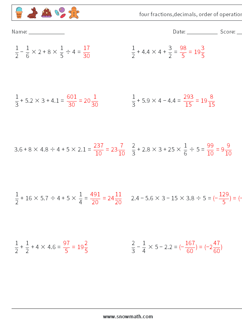 four fractions,decimals, order of operations Maths Worksheets 9 Question, Answer