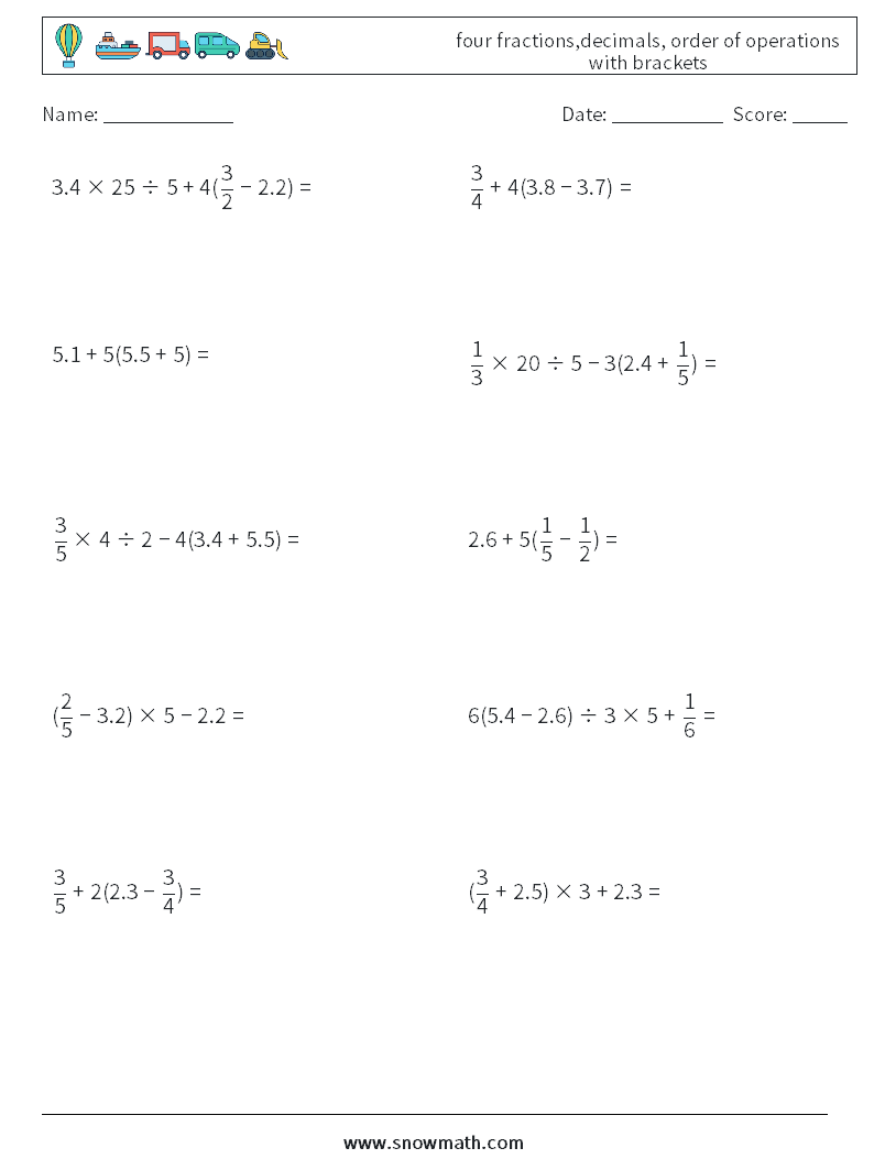 four fractions,decimals, order of operations with brackets Maths Worksheets 10