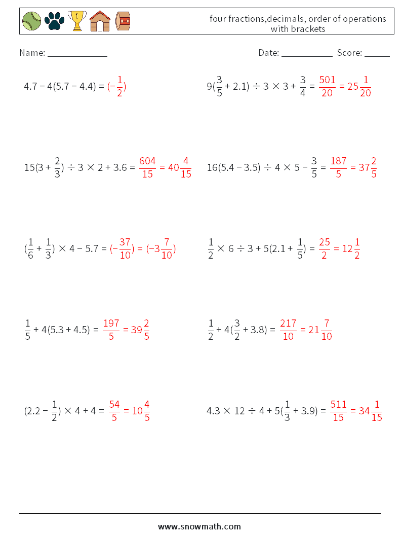 four fractions,decimals, order of operations with brackets Maths Worksheets 11 Question, Answer
