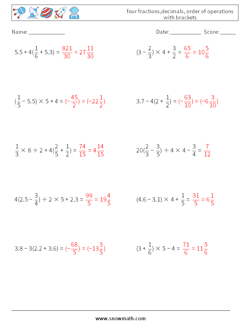 four fractions,decimals, order of operations with brackets Maths Worksheets 14 Question, Answer