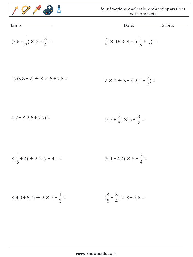 four fractions,decimals, order of operations with brackets Maths Worksheets 17