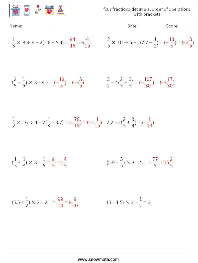 four fractions,decimals, order of operations with brackets Maths Worksheets 18 Question, Answer