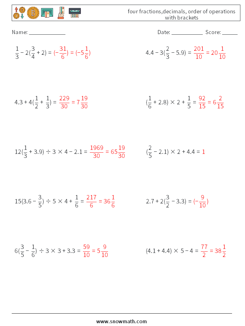 four fractions,decimals, order of operations with brackets Maths Worksheets 2 Question, Answer