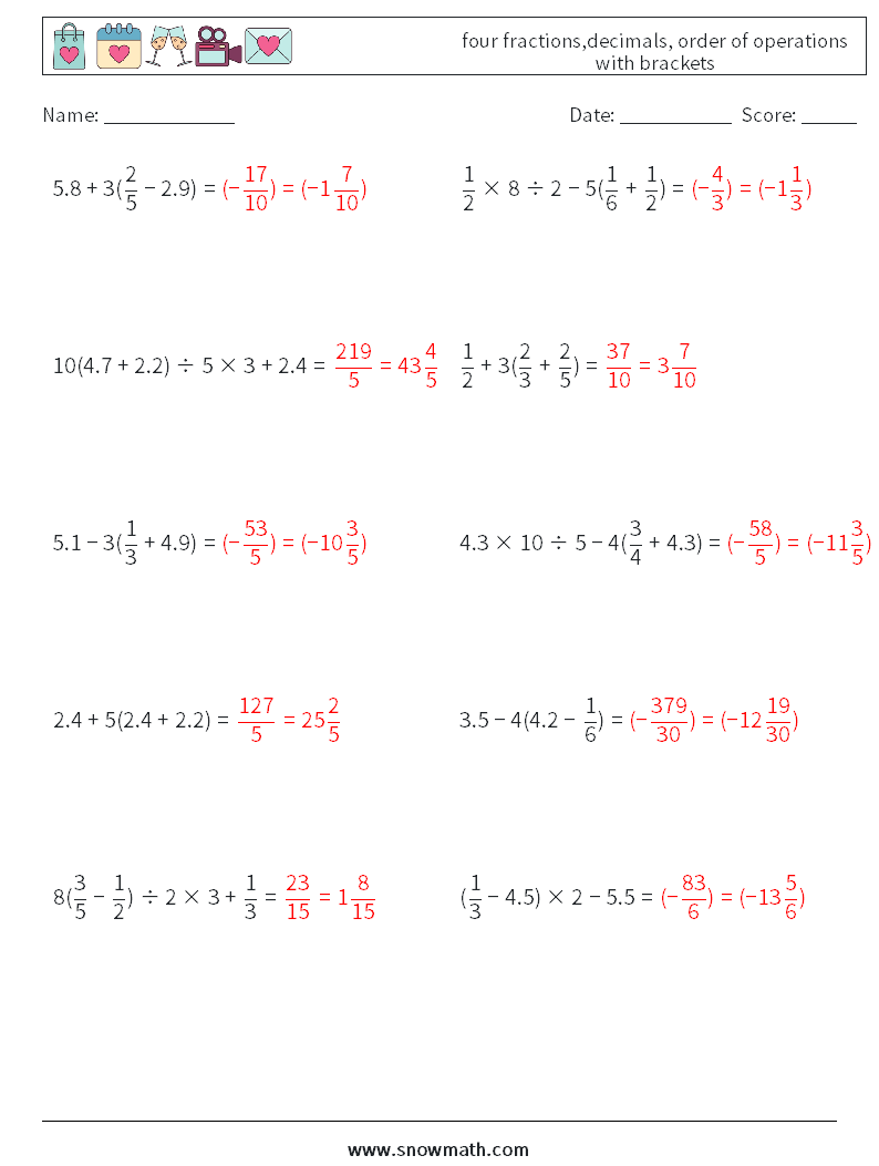 four fractions,decimals, order of operations with brackets Maths Worksheets 5 Question, Answer