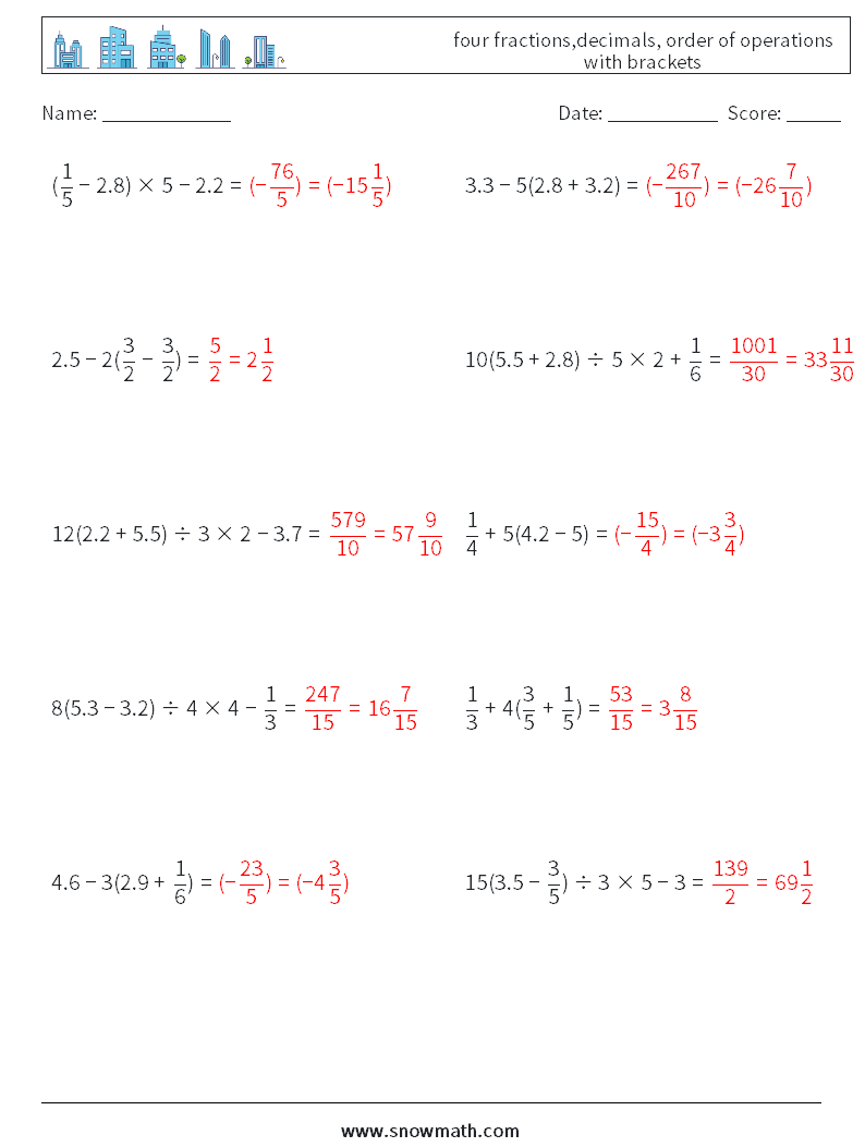 four fractions,decimals, order of operations with brackets Maths Worksheets 9 Question, Answer