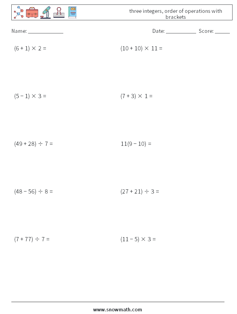 three integers, order of operations with brackets Maths Worksheets 1