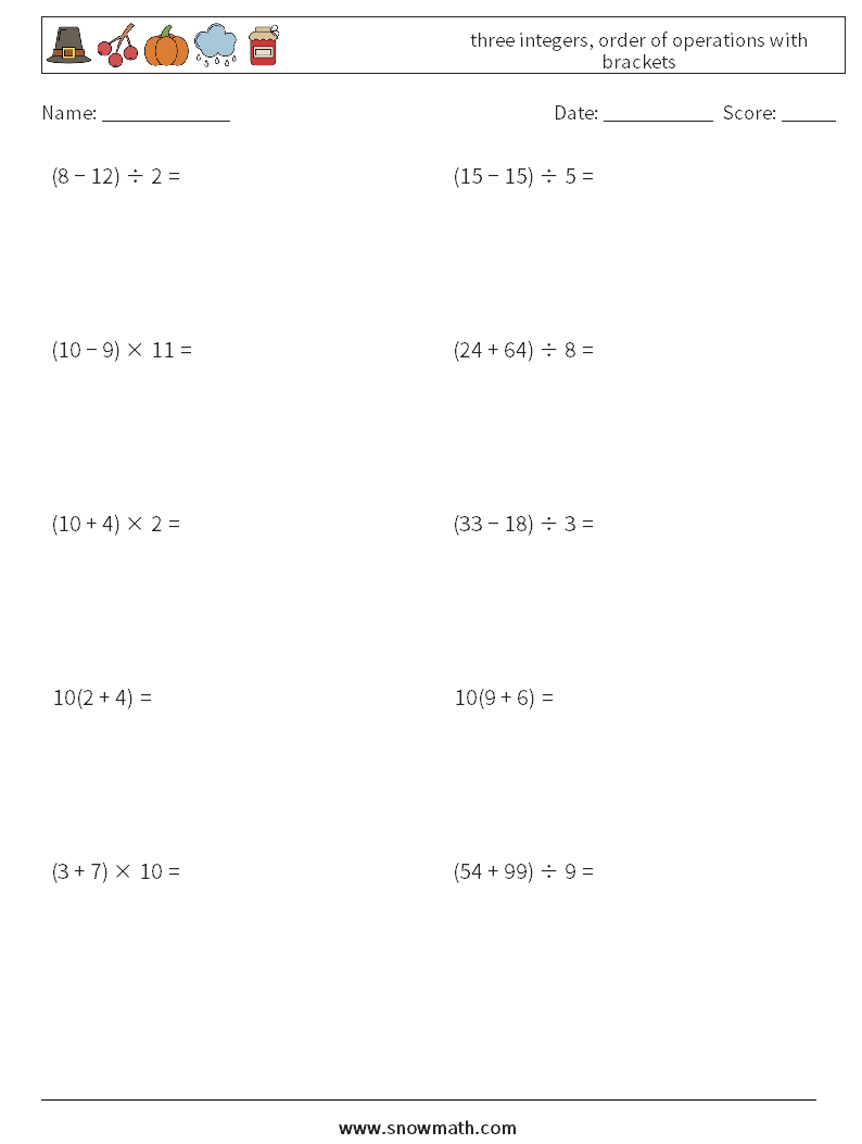 three integers, order of operations with brackets Maths Worksheets 10