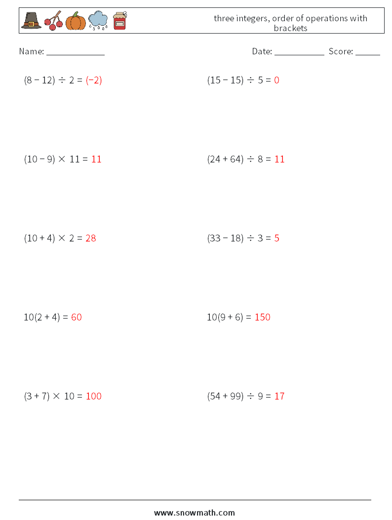 three integers, order of operations with brackets Maths Worksheets 10 Question, Answer