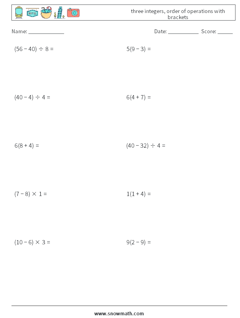 three integers, order of operations with brackets Maths Worksheets 11