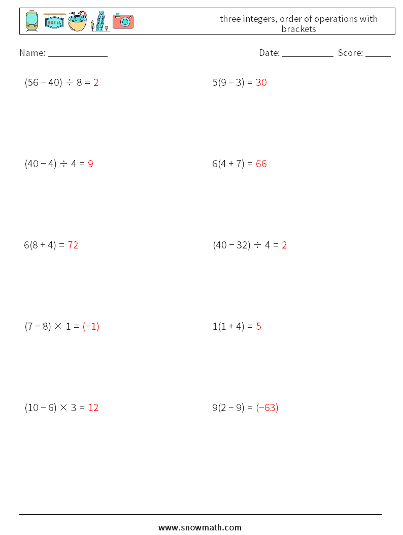 three integers, order of operations with brackets Maths Worksheets 11 Question, Answer