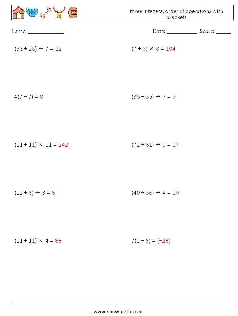 three integers, order of operations with brackets Maths Worksheets 12 Question, Answer
