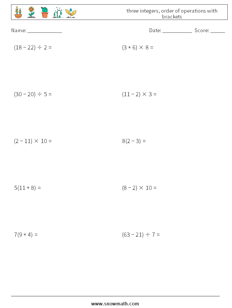 three integers, order of operations with brackets Maths Worksheets 13