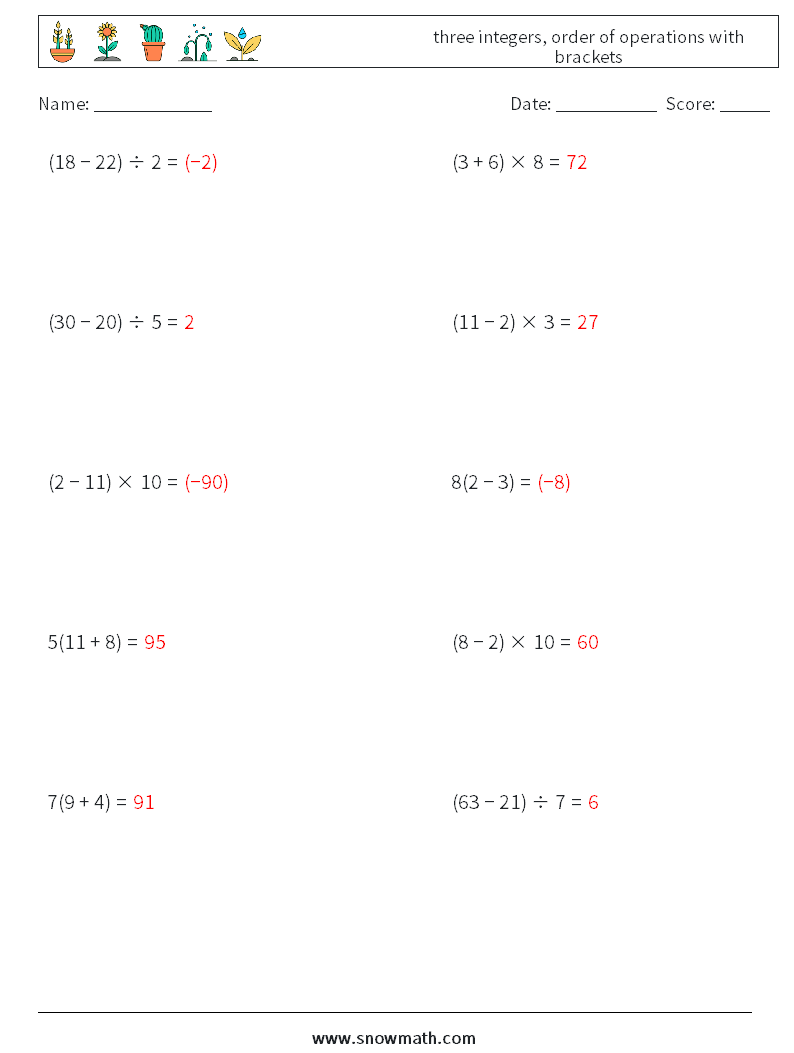 three integers, order of operations with brackets Maths Worksheets 13 Question, Answer