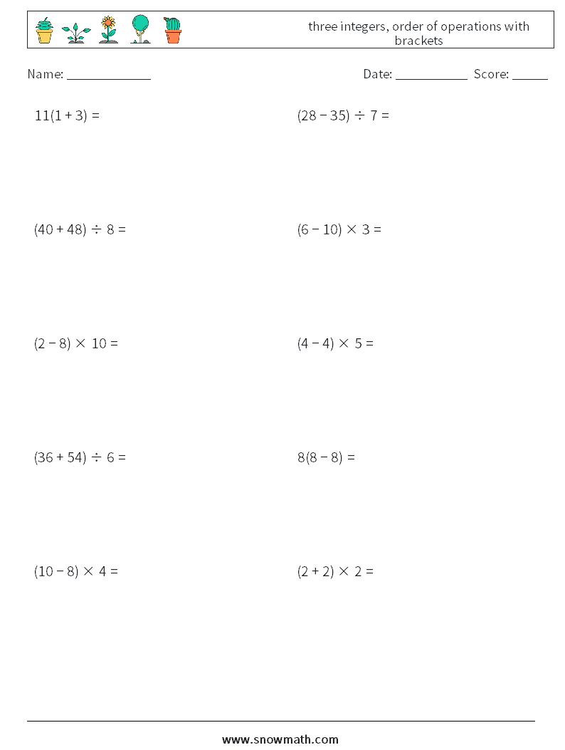 three integers, order of operations with brackets Maths Worksheets 14