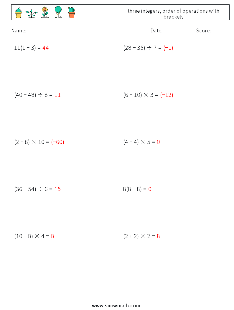 three integers, order of operations with brackets Maths Worksheets 14 Question, Answer