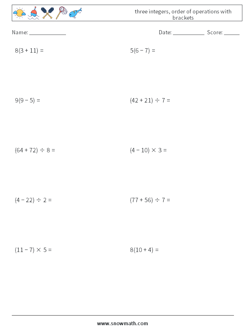 three integers, order of operations with brackets Maths Worksheets 15