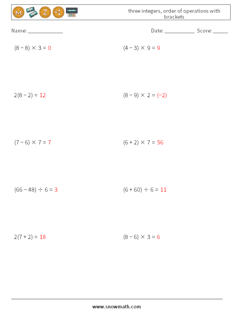 three integers, order of operations with brackets Maths Worksheets 17 Question, Answer