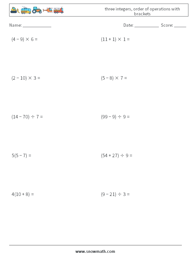 three integers, order of operations with brackets Maths Worksheets 18